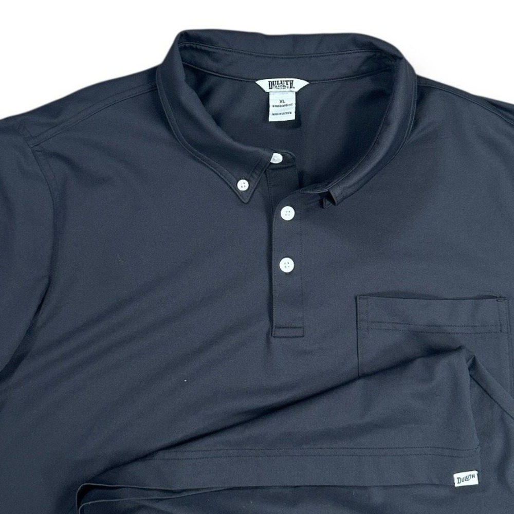 Duluth Trading Co Men XL Black Short Sleeve Button Down Collar Polo Shirt Pocket